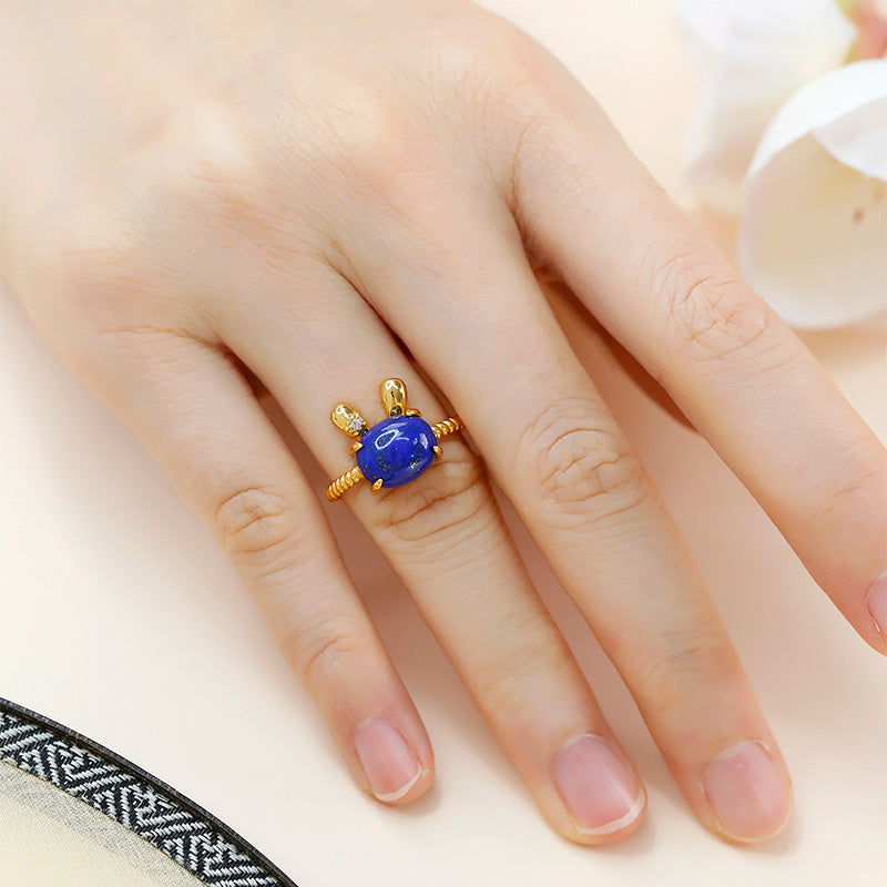 Bague lapin Lapis lazuli plaquée argent et or S925