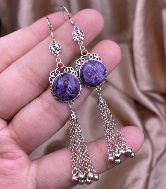 Pendientes de amatista en polvo Bai Bei con dragón morado y amatista, pendientes exquisitos con gancho tremella vintage con incrustaciones de plata s925.