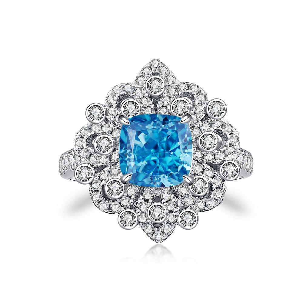 Bague coupe fleur de glace en argent S925, trésor bleu, Zircon, diamant à haute teneur en carbone, bague fleur de glace