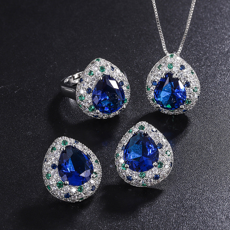 Imitation Tanzania Sapphire Drop Shape Color-Blocked Ring Stud Earrings Pendant Set 10*12