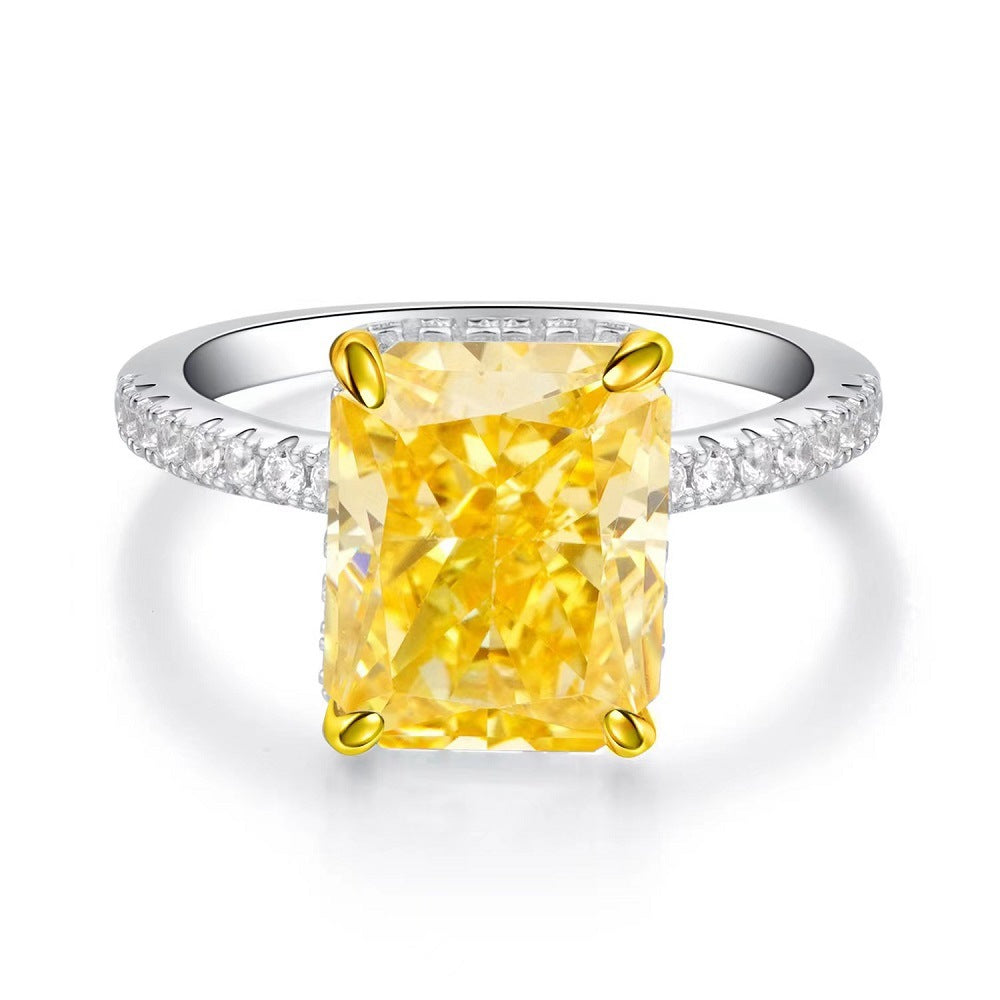 S925 Pure Silver Yellow Diamond Ring Women's Ice Flower 8A Zircon Ring Wedding Ring