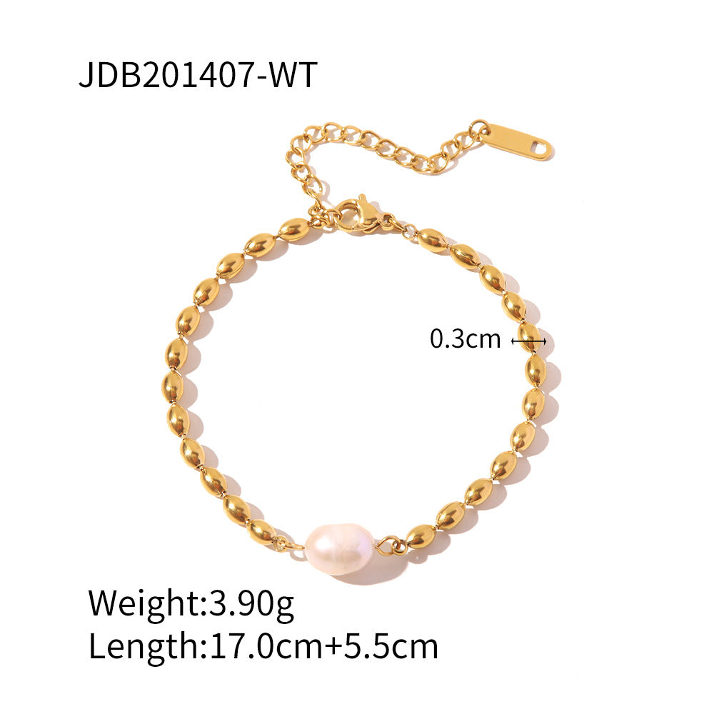 Ins online celebrity niche design fashion does not fade natural freshwater pearls oval gold peas titanium bracelet/necklace