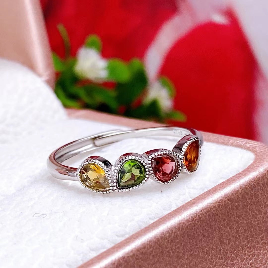 New natural tourmaline color ring inlaid with 925 silver female ring