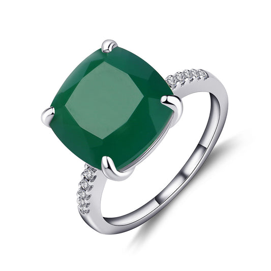 Natural green agate ring s925 sterling silver inlaid with big gem ring