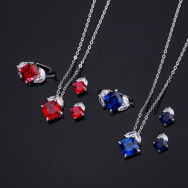 S925 Silver Jewelry Simulation Red Blue Treasure Square Simple Daily Style Set for Women 9 * 9-6 * 6