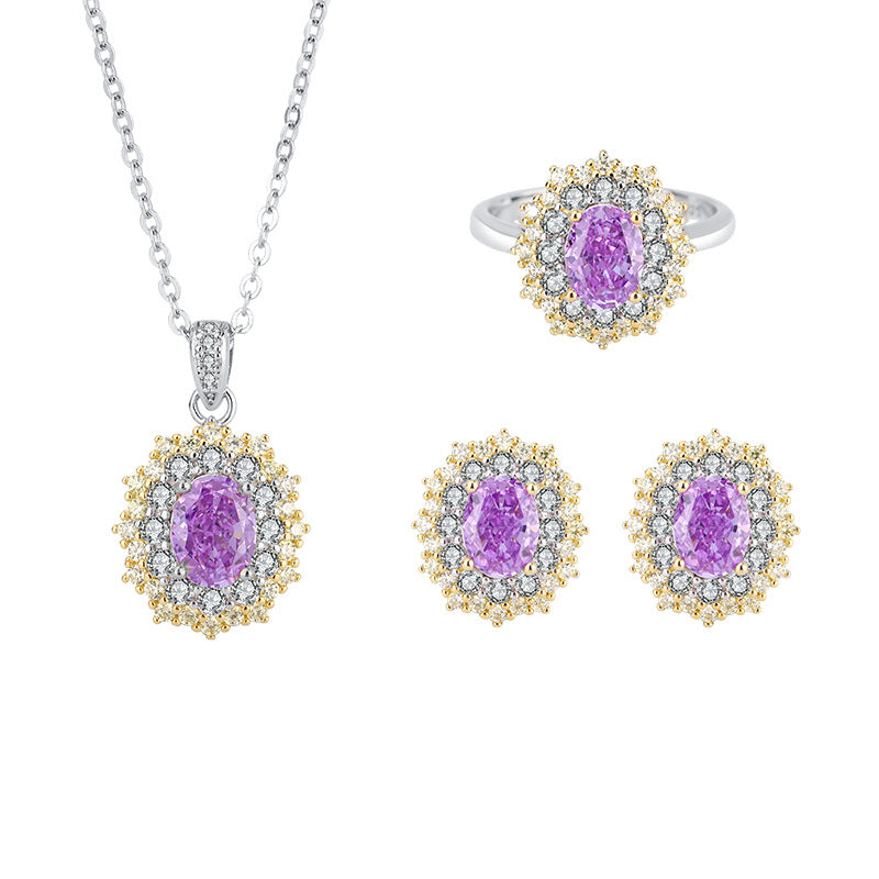 S925 all-over silver jewelry set, high carbon diamond, purple diamond, small pigeon egg color separation set, main 6*8