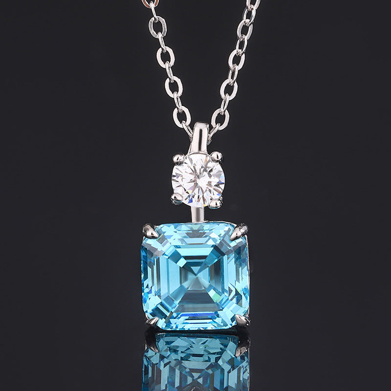 S925 Silver High Carbon Diamond Asche Blue Treasure Princess Square Pendant Set 10 * 10-8 * 8