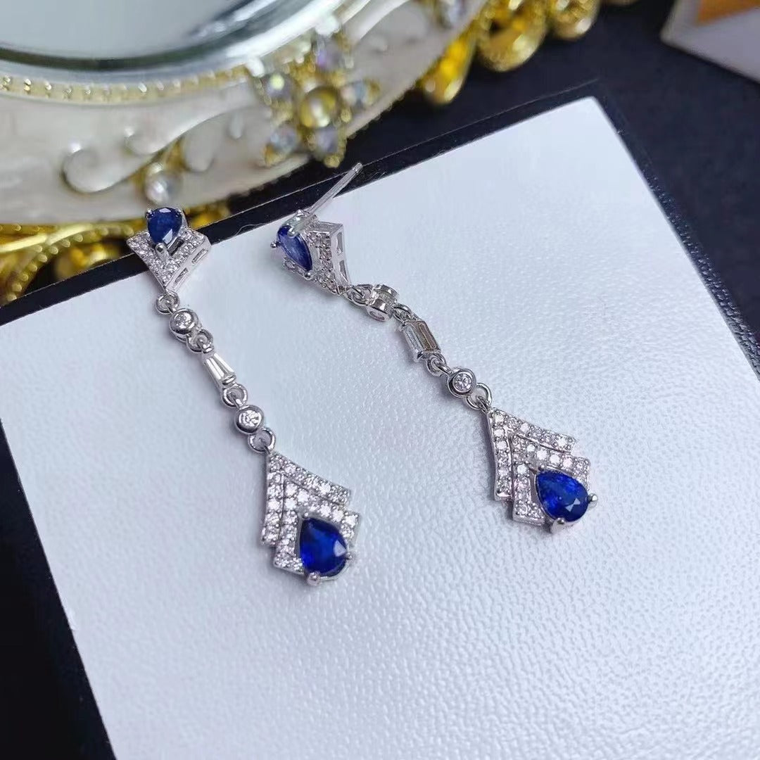 [DF]Natural sapphire earrings S925 Silver seiko set French retro palace style long earrings