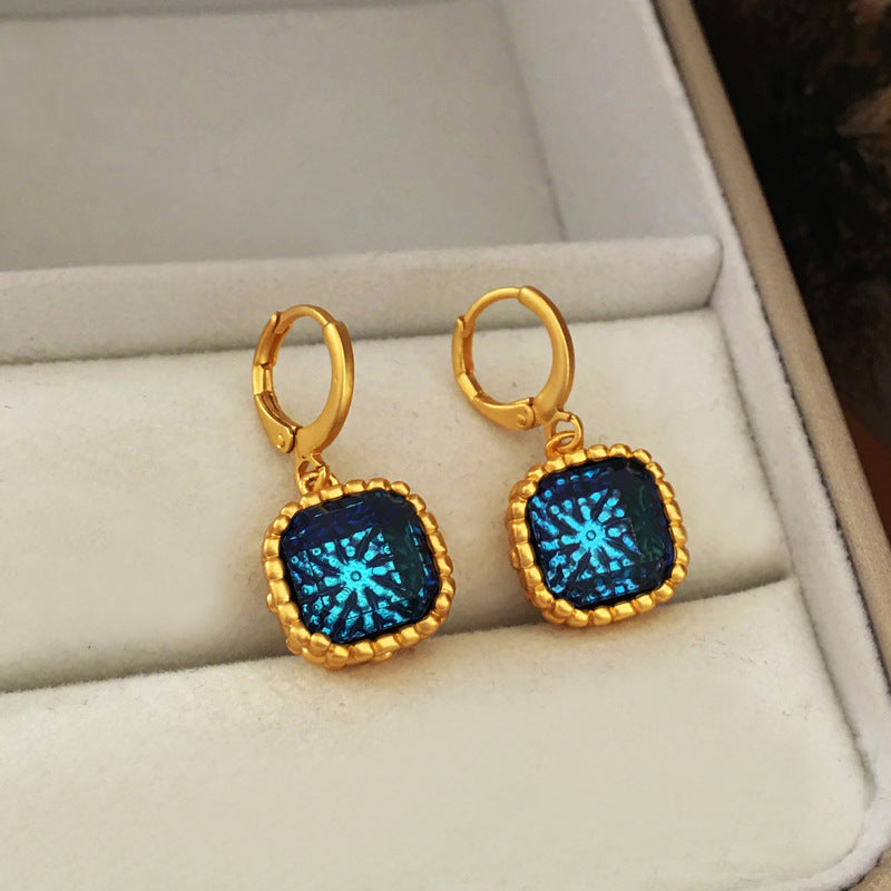 [DF]Copper plated genuine gold, exaggerated irregular patterns in Europe and America, blue earrings, personalized antique style, geometric square earrings