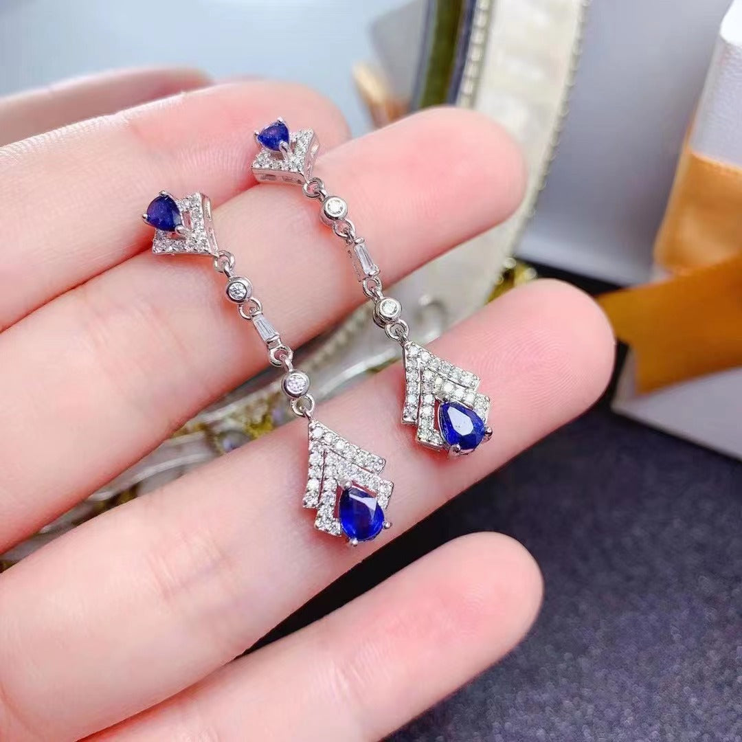 [DF]Natural sapphire earrings S925 Silver seiko set French retro palace style long earrings