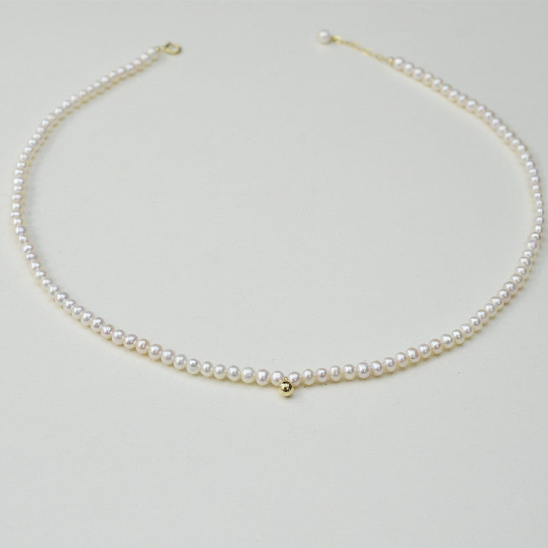 [DF]Elegant Luminescence: Round Freshwater Akoya Pearl Necklace - 18k Collarbone Sweater Chain