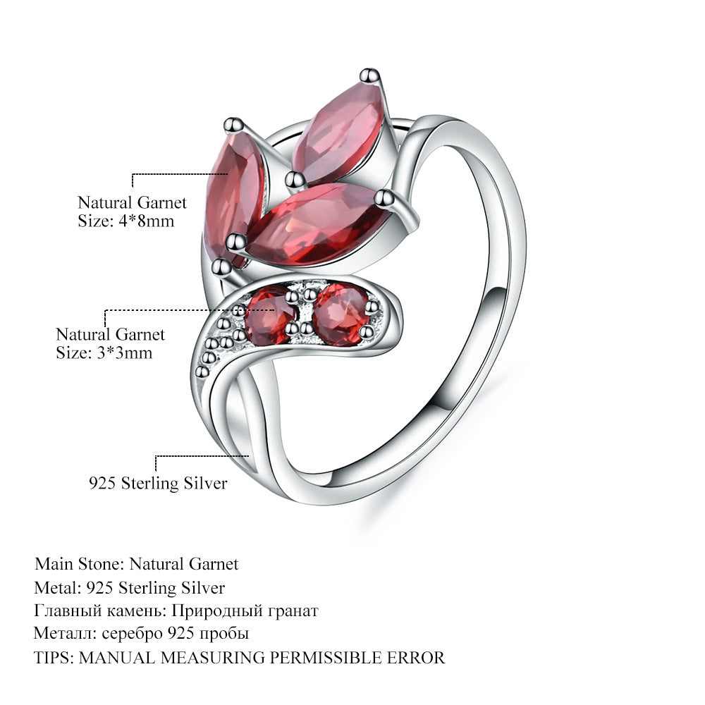 Anillo de plata s925 con gemas naturales y diseño de sentido del diseño para mujer, anillo de granate natural con incrustaciones