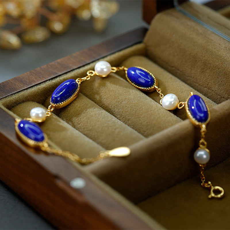 S925 silver gold-plated lapis lazuli pearl bracelet