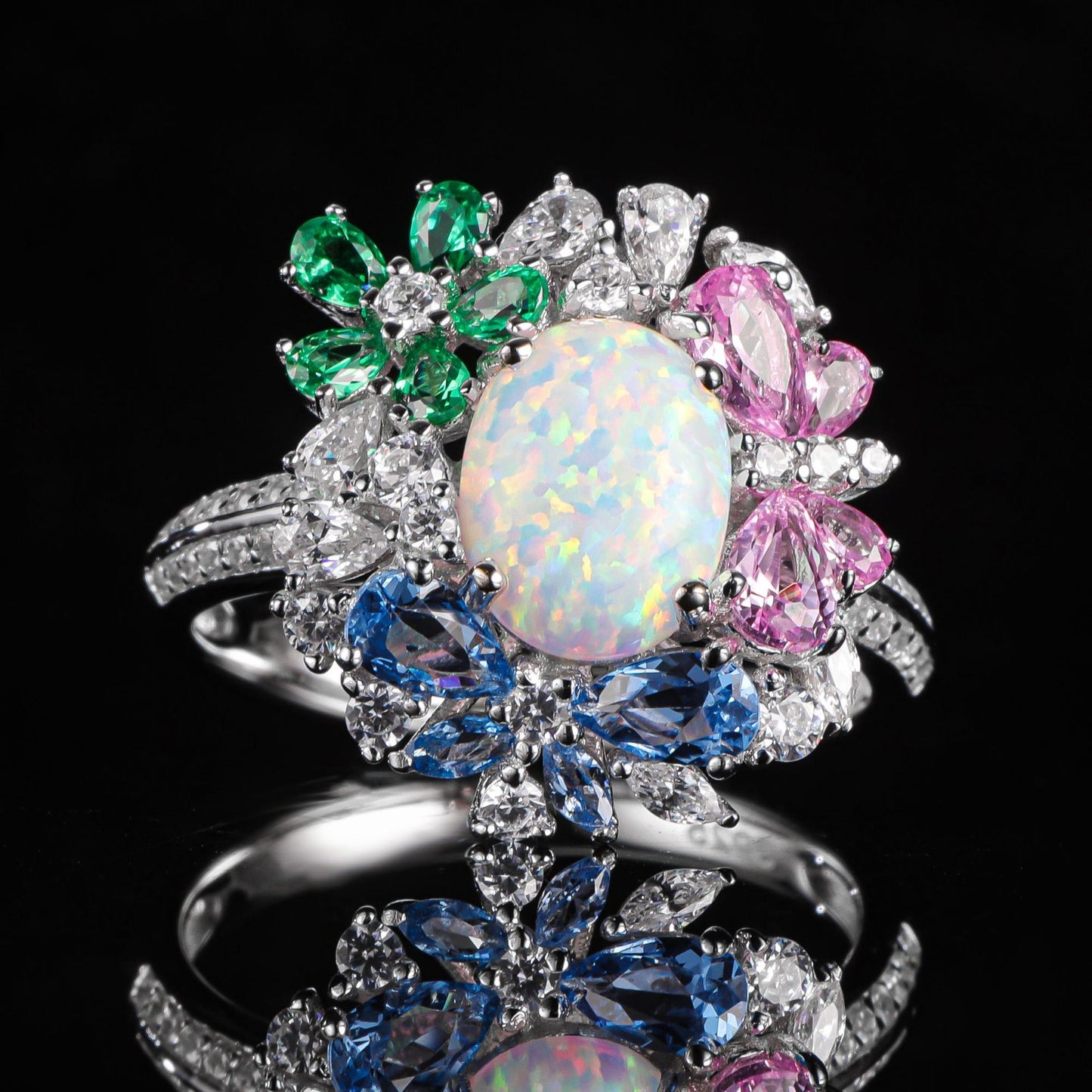 925 sterling silver gemstone ring with full diamond and high-end butterfly flower colored treasure ring