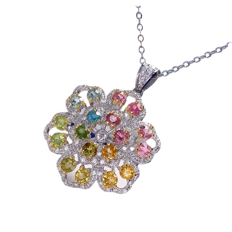 Pendentif tourmaline naturelle incrusté de collier coloré en argent S925