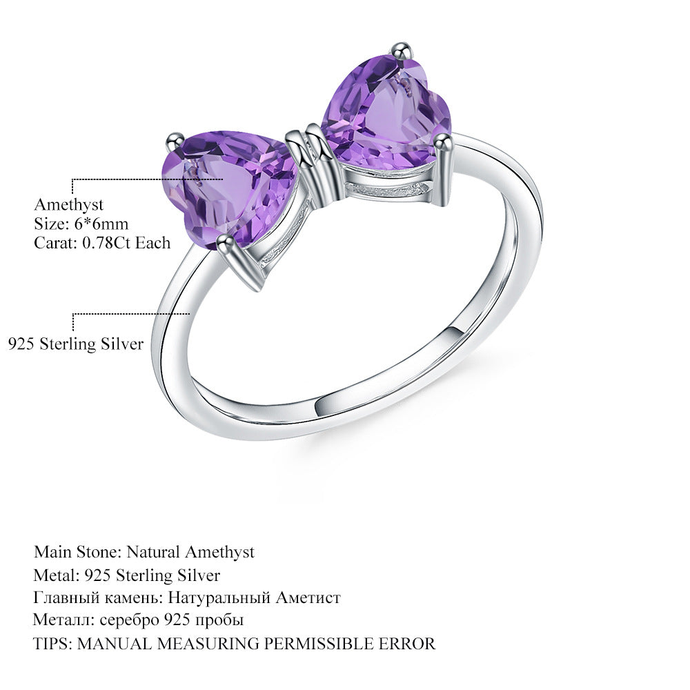 Love Gemstone Bow Ring Women's Natural Stone S925 Silver Amethyst Ring