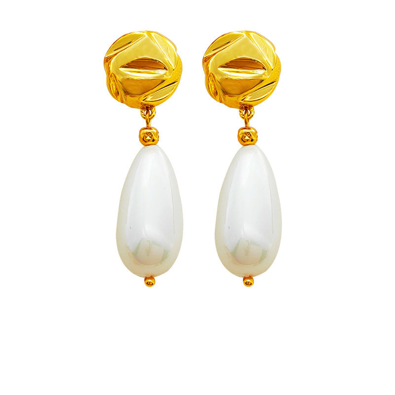 [DF]Copper plated gold S925 silver needle fashion baroque earrings simple retro drop pearl earrings earrings