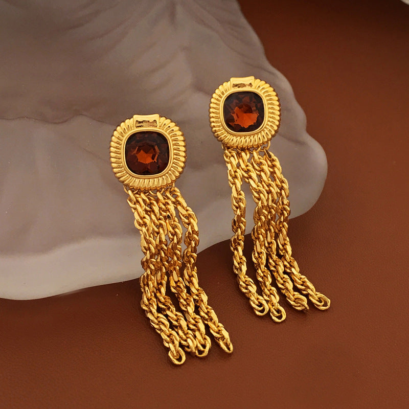 [DF] Pendientes largos con borlas vintage de lujo ligeros con aguja de plata S925 bañados en oro real y cobre, pendientes de estilo vintage con personalidad de nicho para mujer