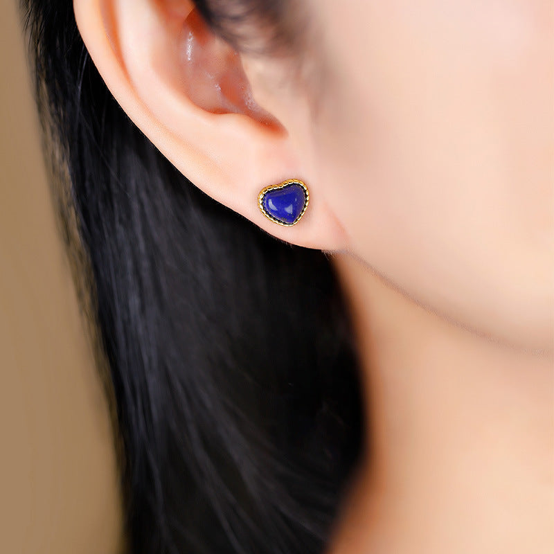 Boucles d'oreilles lapis-lazuli incrustées d'argent S925 avec boucles d'oreilles d'amour