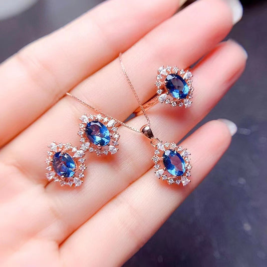 Pendientes colgantes y anillo con topacio azul natural de Londres engastados en estilo vintage