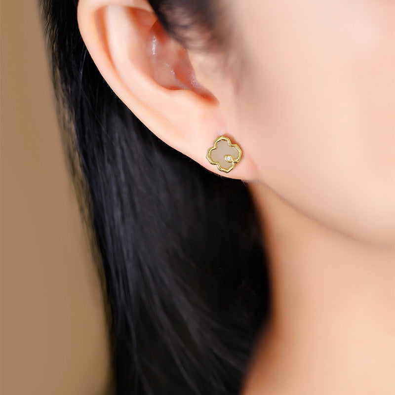 S925 silver inlaid Hotan Jade sapphire earrings four leaf clover personality simple