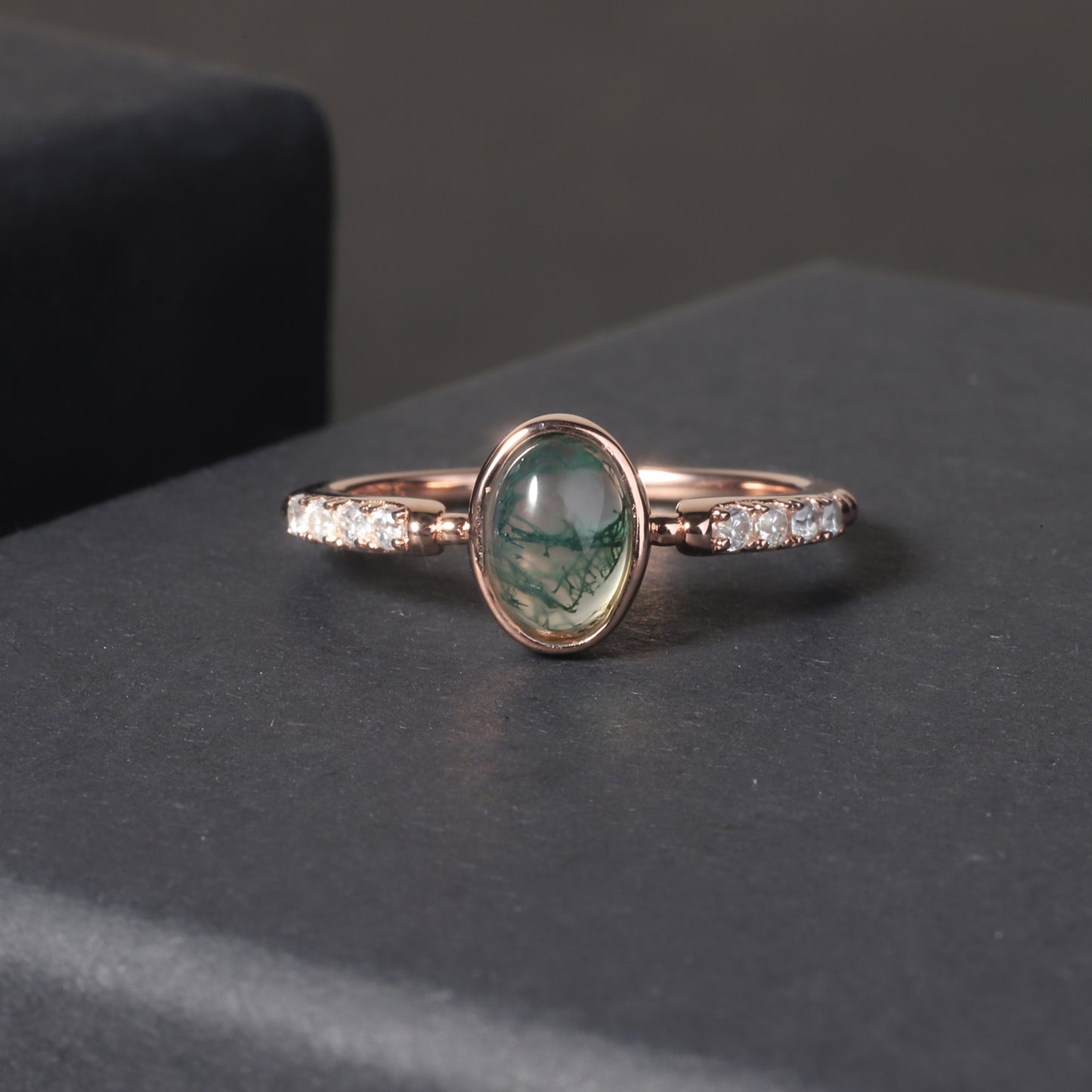 Delicate Gemstone 925 Sterling Silver Plated 18K Rose Gold Natural Aquatic Herb Agate Ring Female