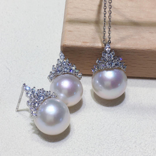 [DF]Trendy Ice Queen Set: Large Freshwater Pearl Pendant and Earrings in S925 Silver