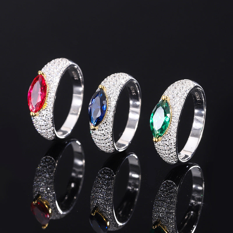 S925 all-over silver ring simulation colored gemstone high-quality texture marquise 5*10 diamond set ring women