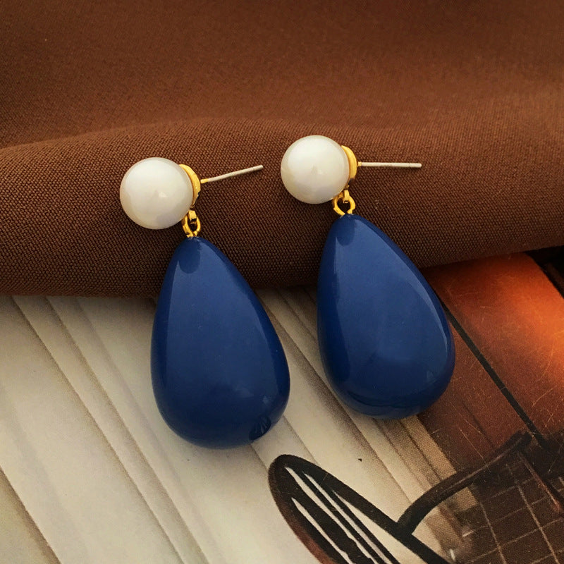 [DF]S925 silver needle retro blue drop-shaped earrings elegant and simple pearl earrings niche antique earrings