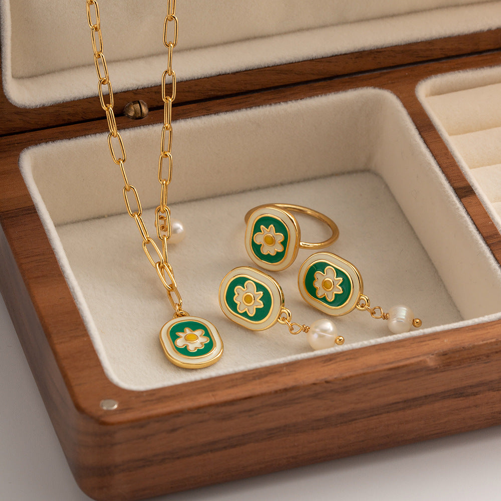 [DF]Vintage Enamel Daisy and Pearl Jewelry Set - Copper with 18K Gold Plating