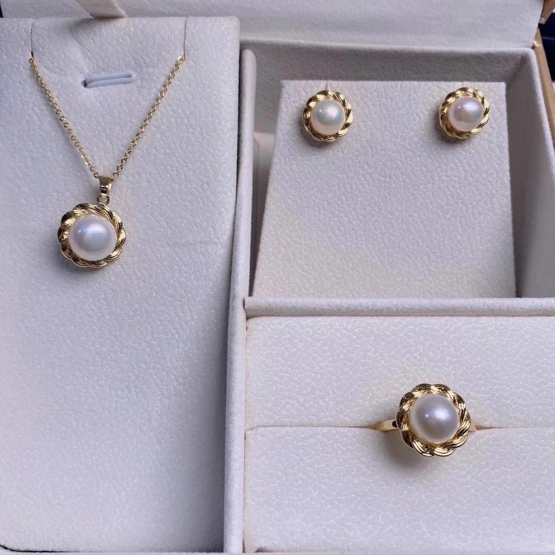 Freshwater pearl set Pendant necklace ring earrings Pearl three-piece set