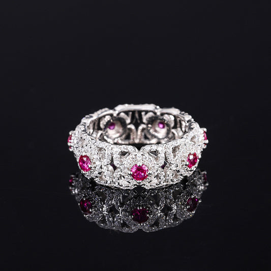 S925 all-over silver replica ruby full diamond luxury ring with row ring