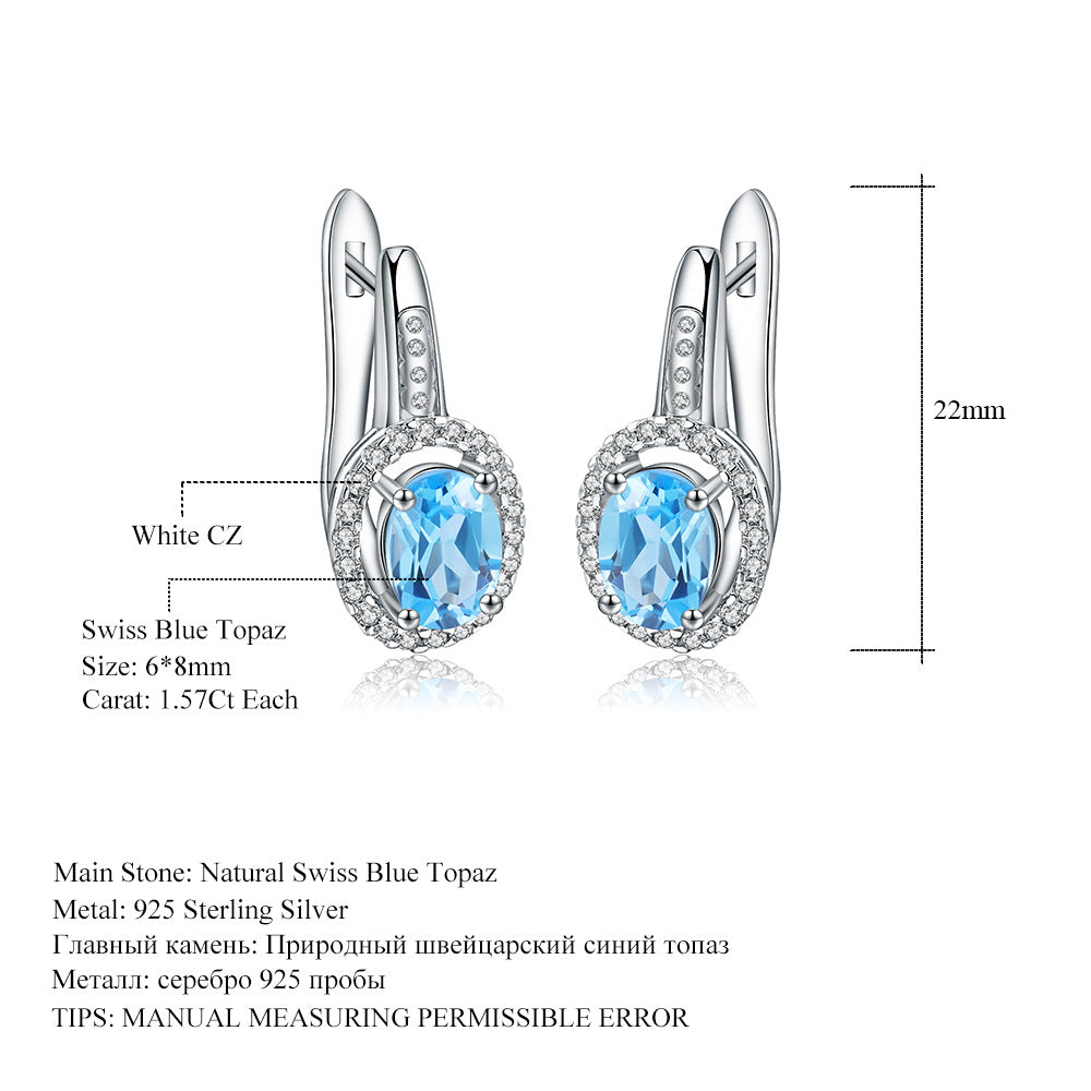 Boucles d'oreilles à la mode en topaze bleu ciel en argent s925 avec boucles d'oreilles en cristal de pierres précieuses colorées