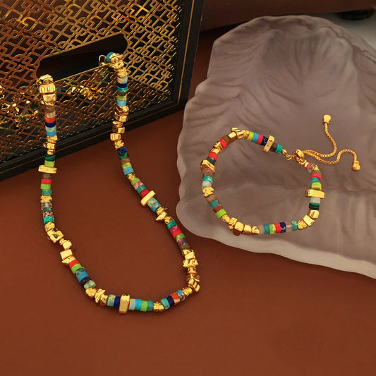 [DF]Vintage Colorful Stone Beaded Hand Necklace with a Bohemian Style Neckchain, Small Style New Collar Chain, Female