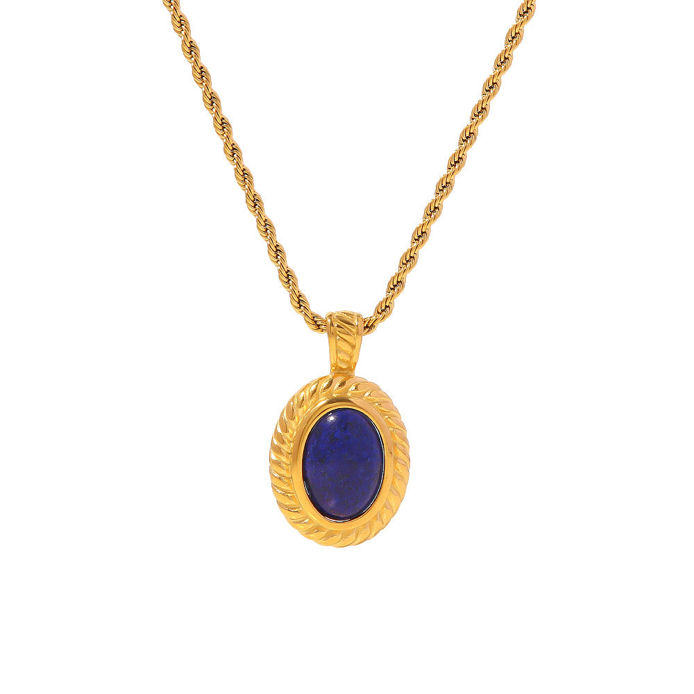 Retro antique fashion personality necklace 18K stainless steel thread inlaid lapis lazuli oval pendant necklace