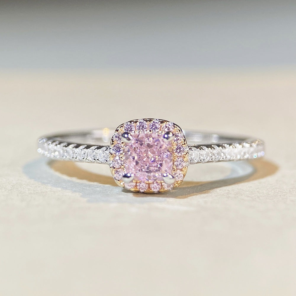 Bague en argent sterling S925 en diamant rose, série mignonne, bague en diamant léger de luxe haut de gamme à quatre griffes