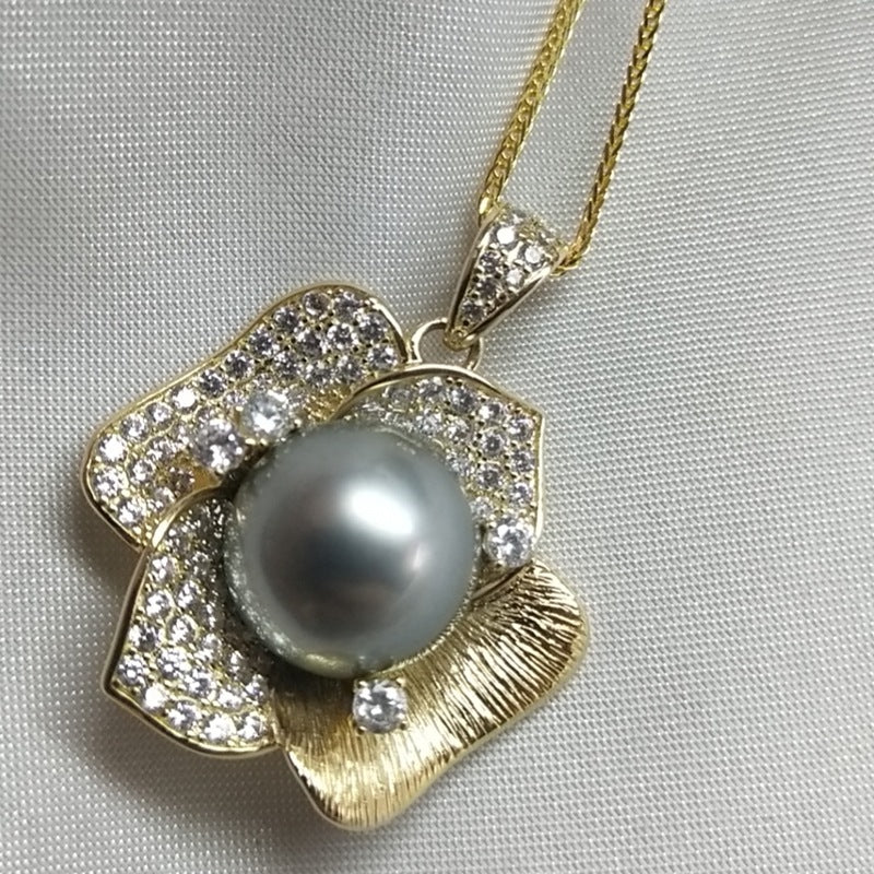 Gray sea Pearl 12-13mm round pearl pendant 925 silver gold thick bracket