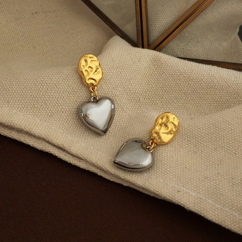 [DF]S925 silver needle personality contrast love heart type earrings fashion trendy cold style earrings simple earrings