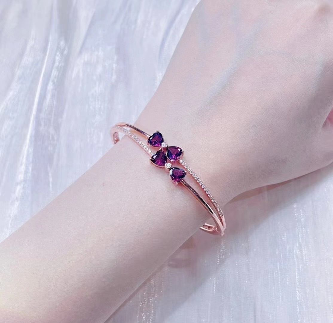 Pulsera de lazo de granate negro con diente morado Pulsera de granate con incrustaciones de plata S925