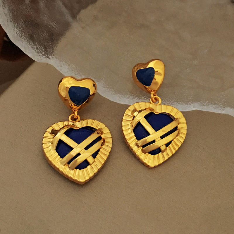 [DF]Original S925 Silver Needle French Metal Love Earrings with Stylish Style, Small Group, High Grade Blue Earrings