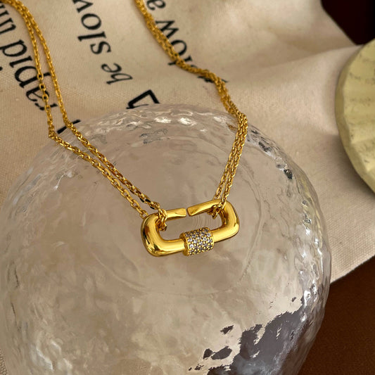 [DF]Genuine Gold Plated Personalized Double Layer Necklace with Diamonds and Oval Pendant Neckchain Stylish Trendy Collar Chain for Women