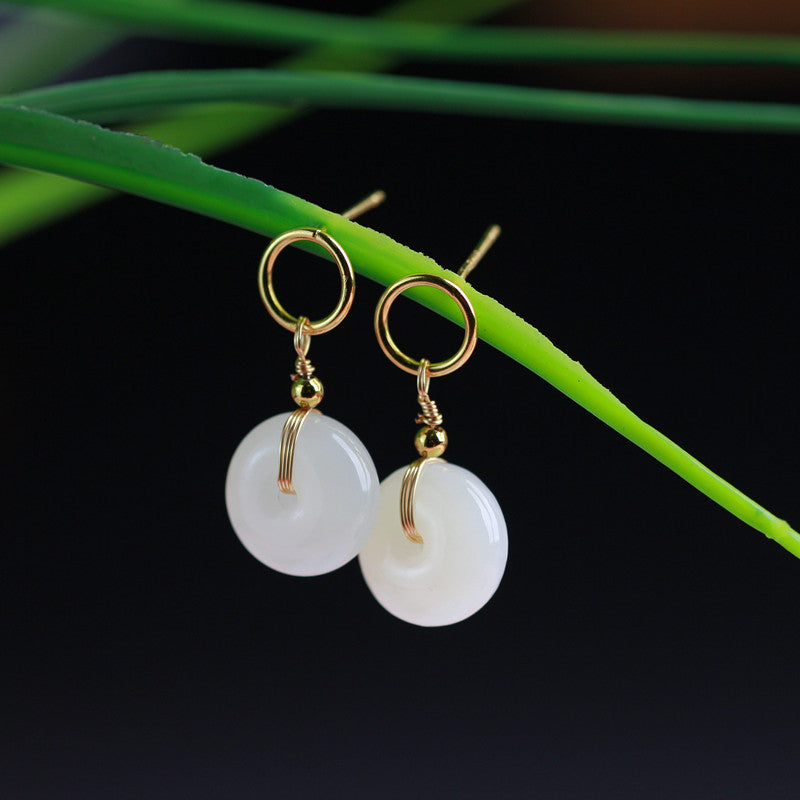 Natural Hotan Jade Earrings White Jade Peace Buckle S925 Silver Earrings