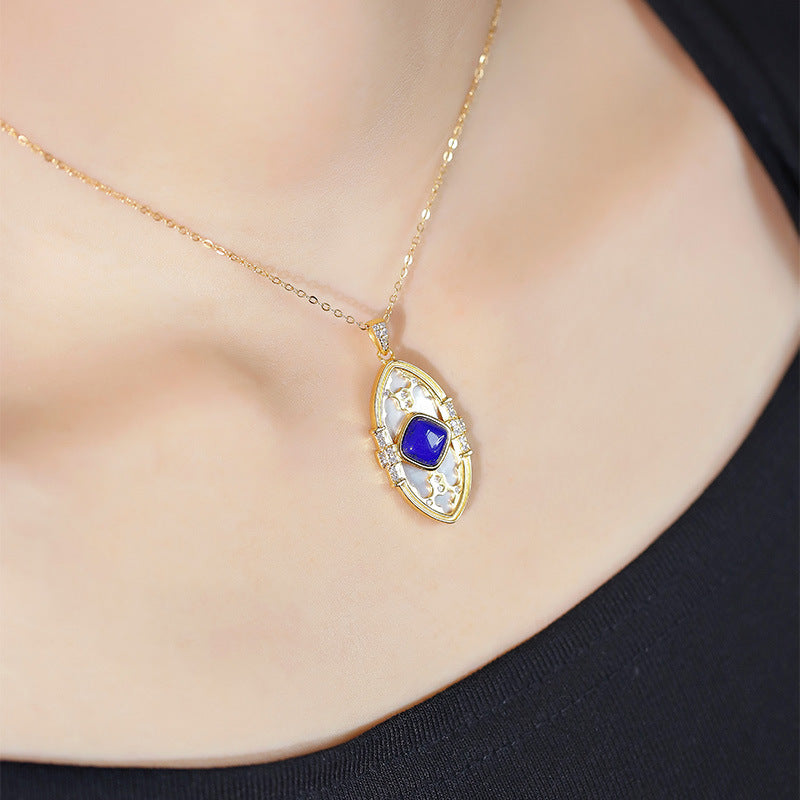 S925 sterling silver gold-plated lapis lazuli white mother-of-pearl pendant