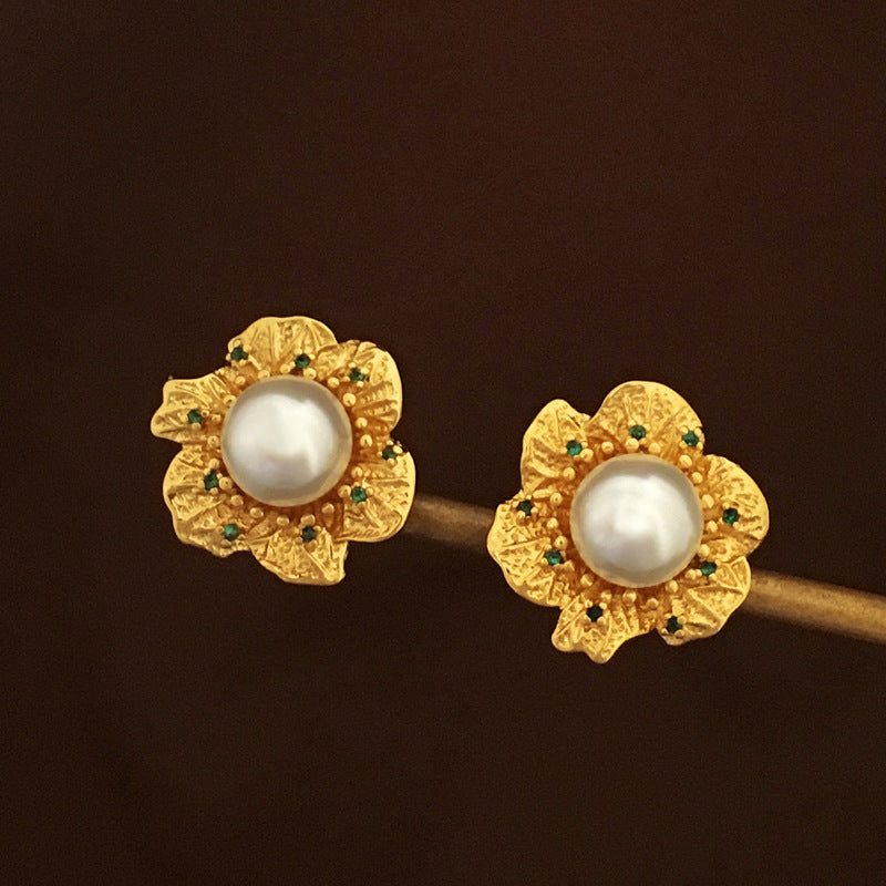 [DF]Copper Plated True Gold S925 Silver Needle Korean Vintage Flower Earrings Light Luxury Pearl Earrings Ins Wind Earrings Female