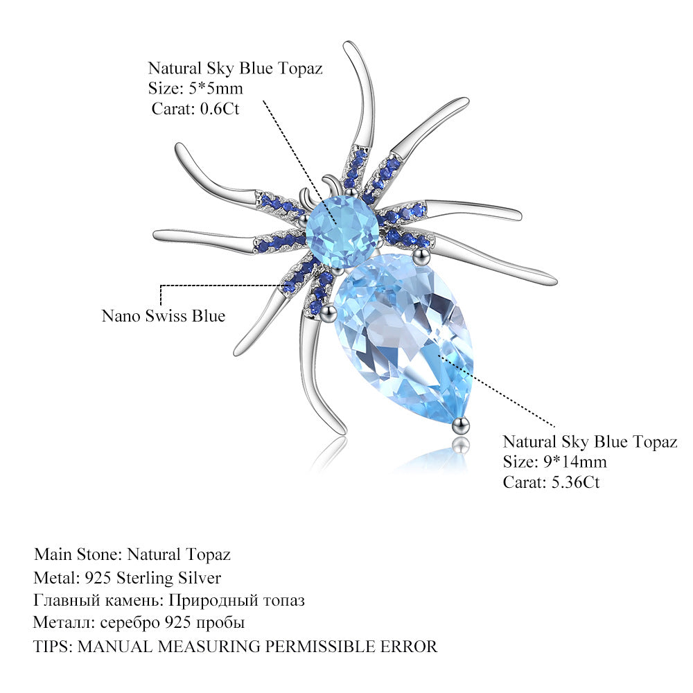 Insect series designer's high-end brooch spider design s925 sterling silver natural color treasure topaz brooch