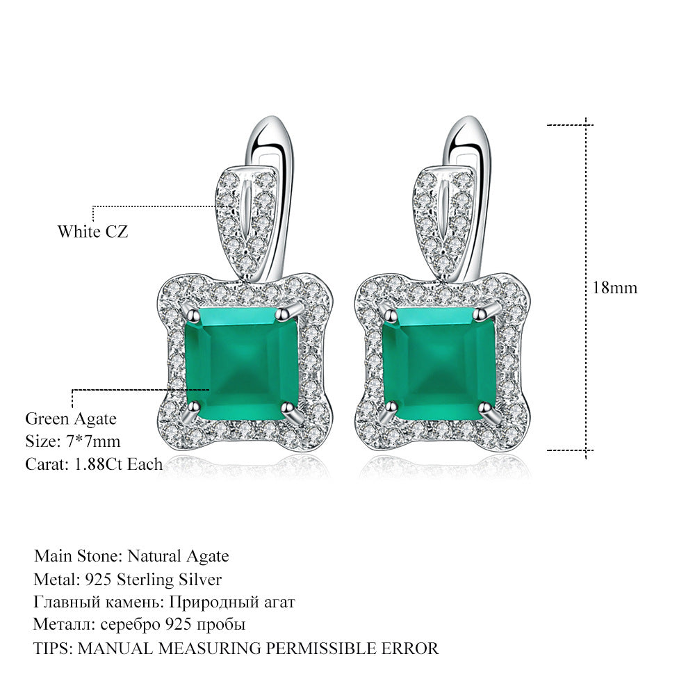 Boucles d'oreilles tempérament en pierre naturelle agate verte petit parfum boucles d'oreilles en cristal de pierres précieuses colorées incrustées d'argent s925