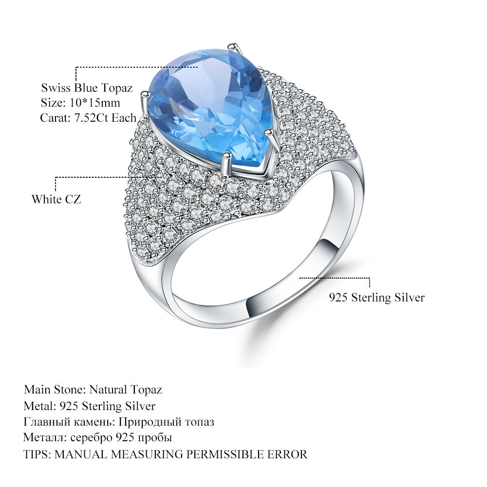 S925 Silver Pure Natural Topaz Ring Fashionable Luxury Personalized Design Group Set with Gemstone Ring