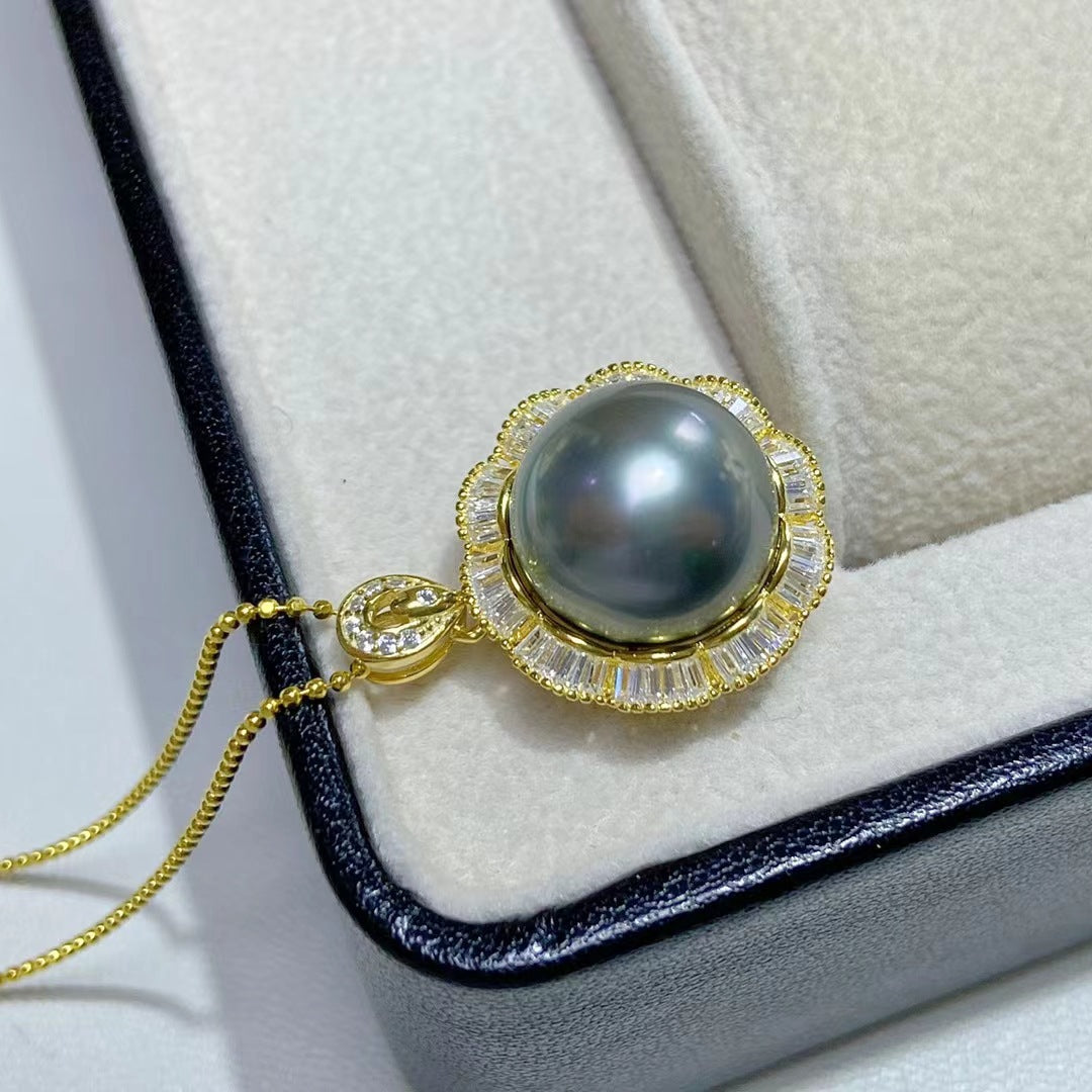 S925 Silver Pearl Pendant Tahiti Sea Black Pearl 13-14mm good quality pearl pendant