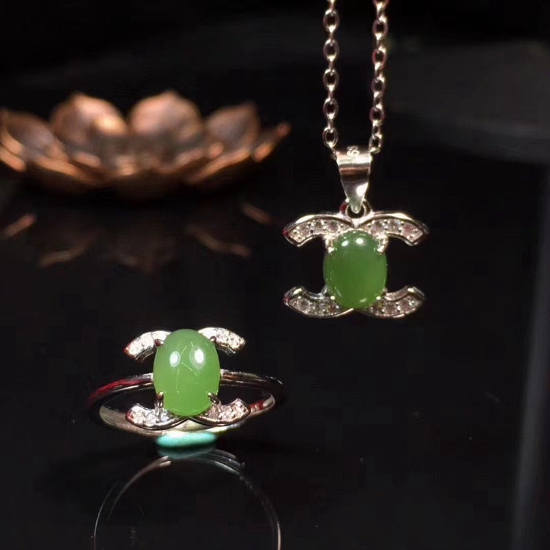 Nuevo conjunto de jade verde natural en plata s925