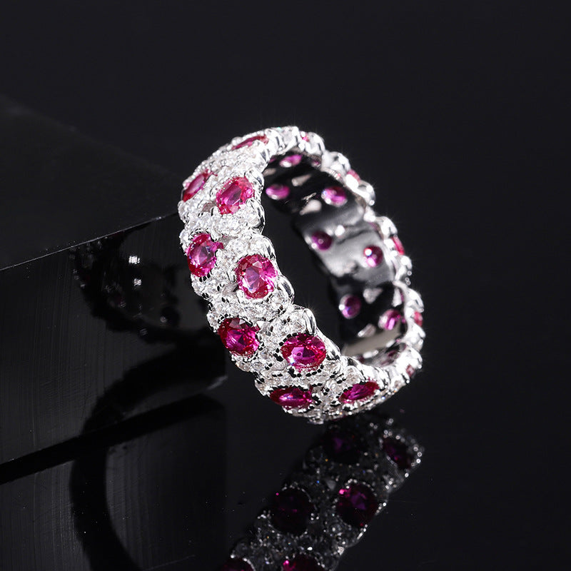 Handcrafted S925 Silver Ring with Simulated Red Ruby and Diamond Accent